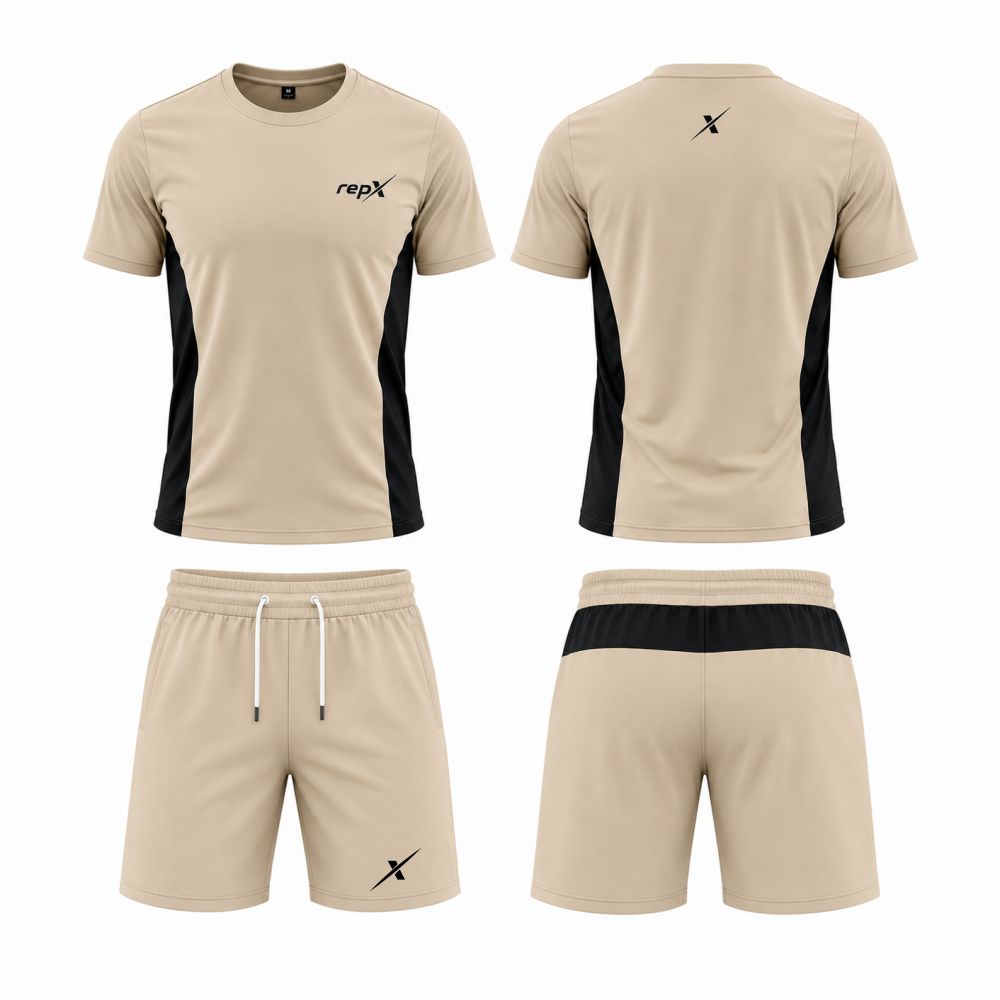 Premium Mesh Fabric Gymwear, Lightweight Performance Training Set - Beige & Black