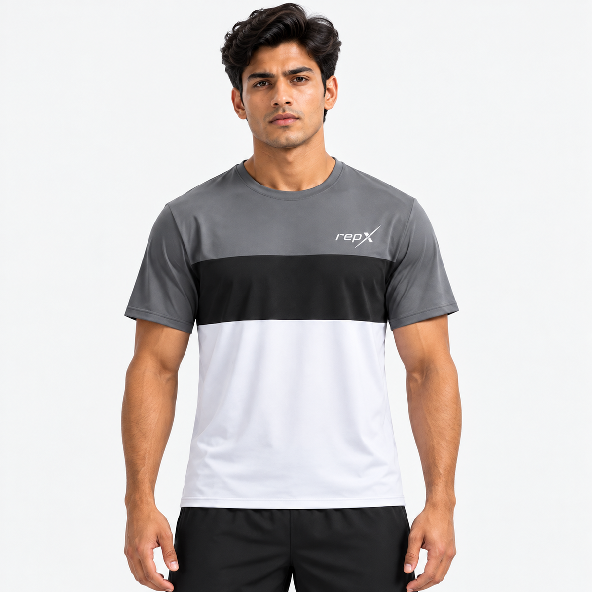 RepX Active Tee – Grey, Black & White Color Block