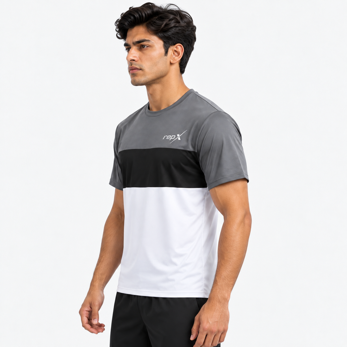 RepX Active Tee – Grey, Black & White Color Block