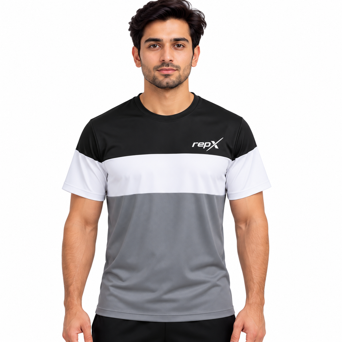 RepX Active Tee – Black, White & Grey Color Block