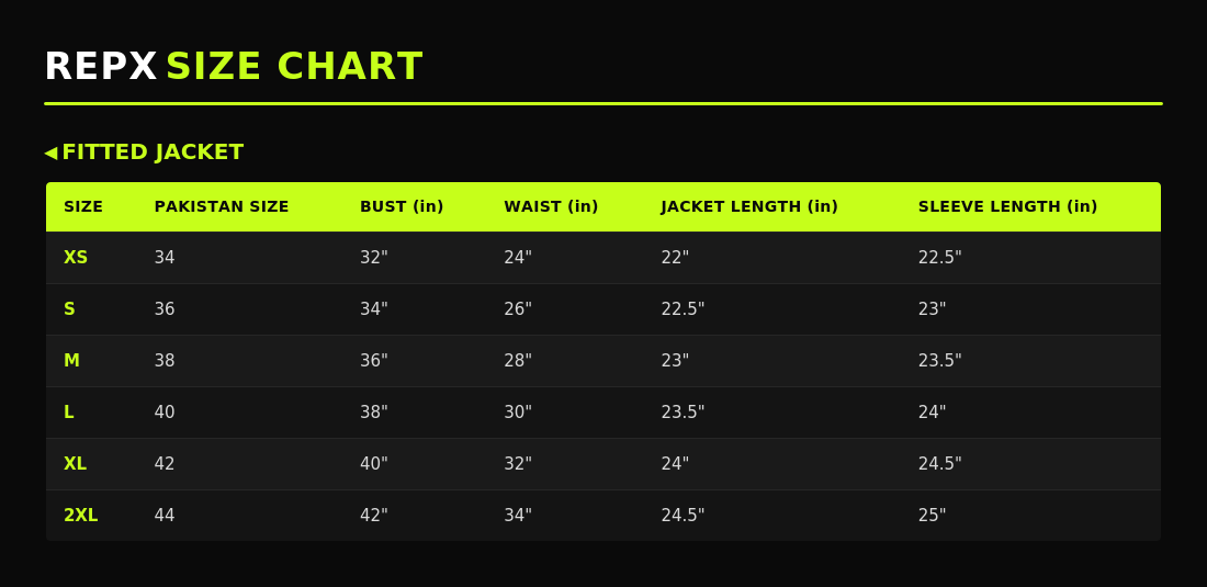 Repx Motion Jacket - Black size chart