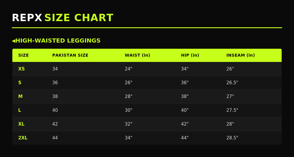 Repx Comfort Leggings - Pink size chart