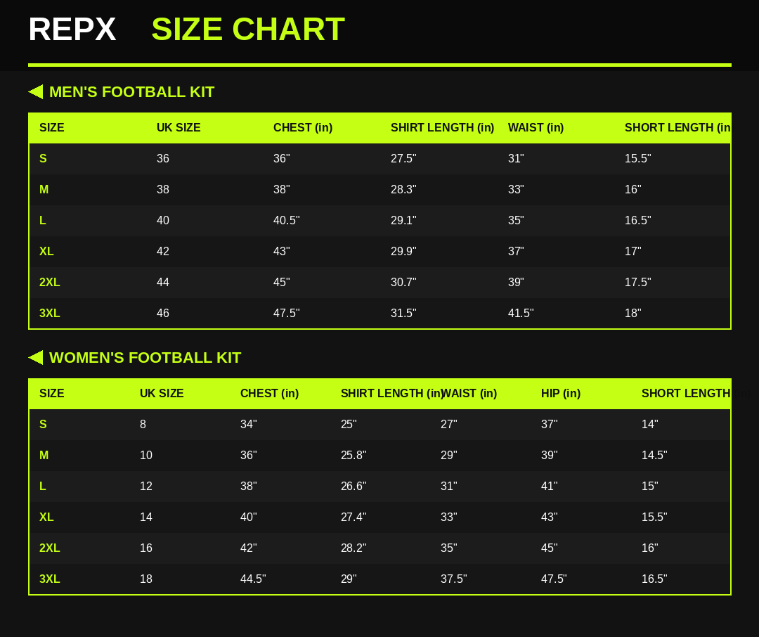 RepX  Elite Football Kit - Beige Black size chart