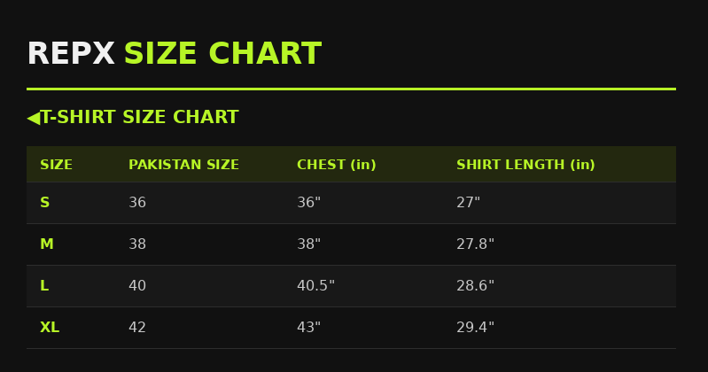 Repx Elite Panel Tee - Olive Green size chart