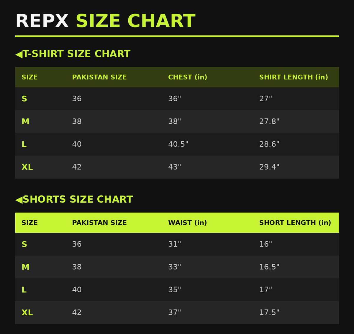 Repx Elite Panel Tee & Shorts Set - Olive Green size chart